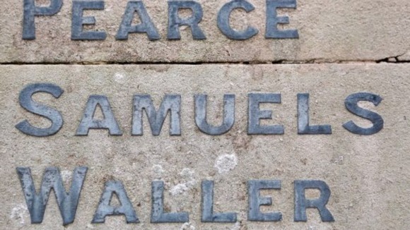 The misspelt name of George Samuel on the Shepreth war memorial in Cambridgeshire.