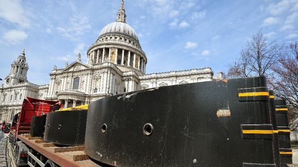 A lorry with huge steel road barriers waits close to St Paul's Cathedral ahead of Baroness Thatcher's funeral on Wednesday.