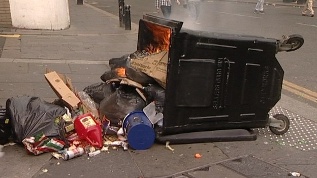 Bins were raided for missiles and some were set alight.