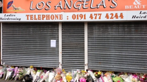 Flowers left outside Angela's hairdressers in Gateshead.