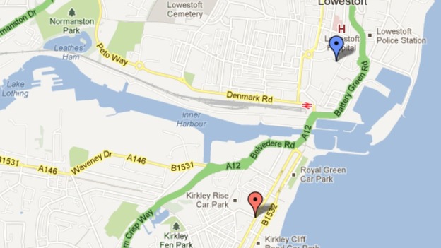 Blue Marker: Gordon Road. Read marker: London Road South.