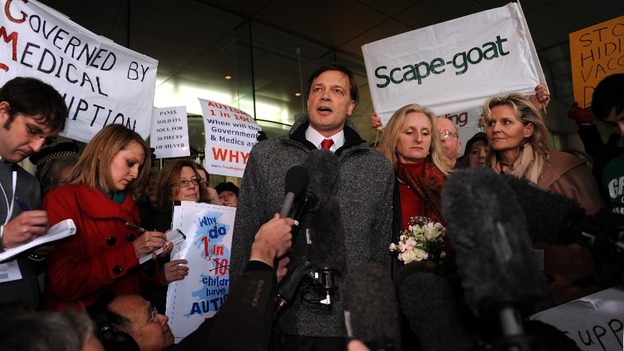 Dr Andrew Wakefield makes a speech ahead of his hearing at the General Medical Council in 2010