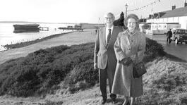 Margaret Thatcher and her husband Dennis standing on Victory Green in Port Stanley on the Falkland Islands.