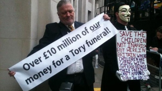 Protesters arrive at St Paul's for Baroness Thatcher's funeral.