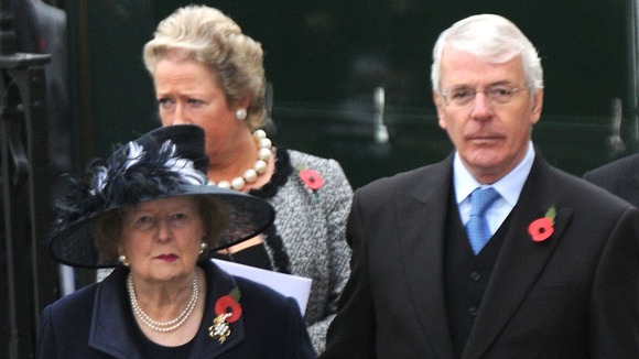 Sir John Major and Baroness Margaret Thatcher together in London in 2009.