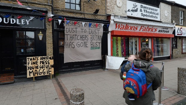 Residents from mining communities near Barnsley put out banners.