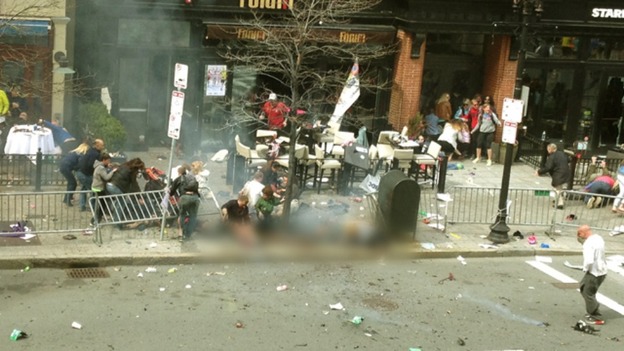 Image of the same section of Boylston Street taken after the blast