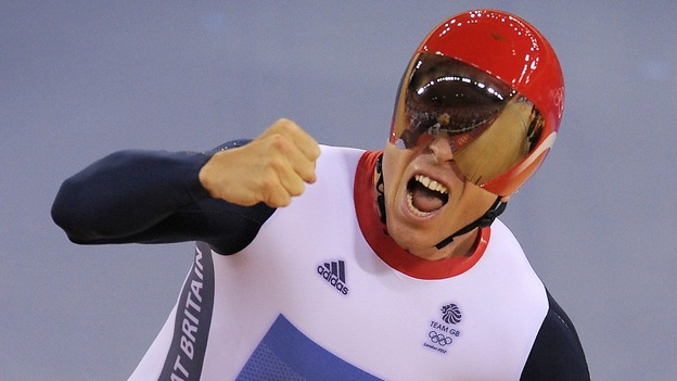 Sir Chris Hoy celebrates Gold in the team sprint final at the London 2012 Olympics.