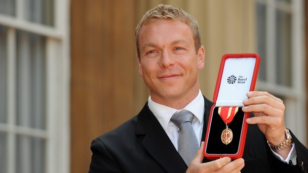 Chris Hoy with the Knighthood he received from the Prince of Wales during the investiture ceremony at Buckingham Palace.