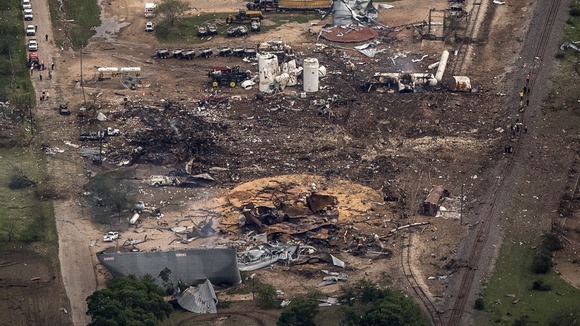 An aerial view shows the aftermath of the huge blast.
