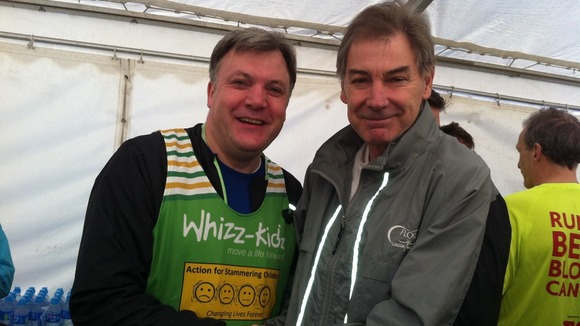 Shadow Chancellor Ed Balls with Tim warming up before the race