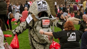 The rhino costume worn by Justin Wateridge