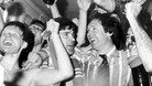 1980: Aberdeen Manager Alex Ferguson is surrounded by his players who are celebrating winning the League Title