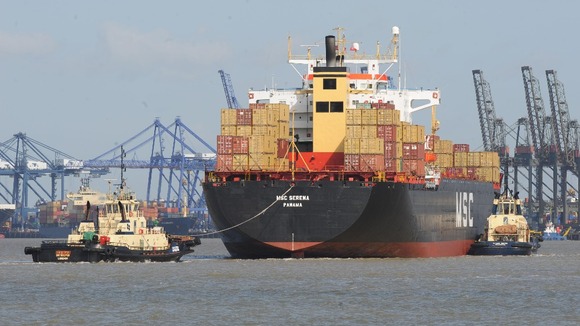 A container ship arrives at the Port of Felixstowe in Suffolk