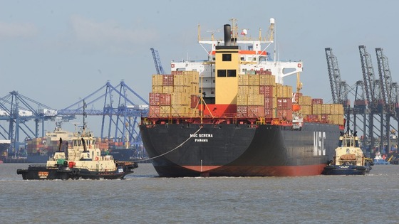 A container ship arrives at the Port of Felixstowe in Suffolk