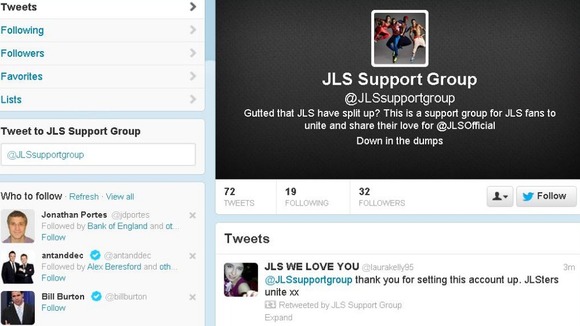The profile page of the JLS Support Group on Twitter