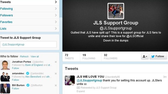 The profile page of the JLS Support Group on Twitter
