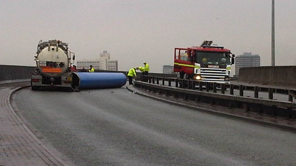 The 40ft steel pipes fell off the back of an HGV, blocking the A66.