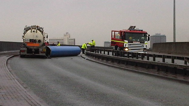 The 40ft steel pipes fell off the back of an HGV, blocking the A66.
