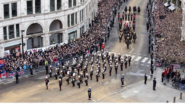 The coffin bearing the body of Baroness Thatcher outside St Paul's Cathedral.