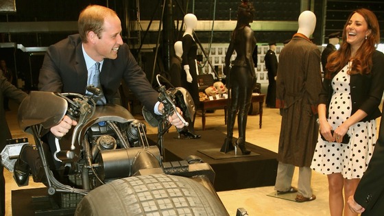 Prince William tries out the 'Batpod' during their visit to Warner Bros studios