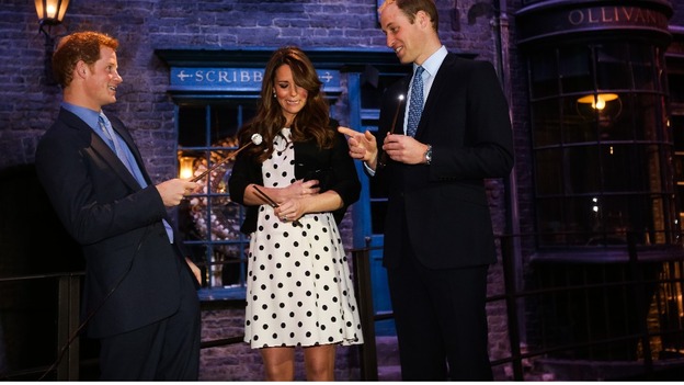 The Duke and Duchess of Cambridge and Prince Harry share a joke over a spell or two.