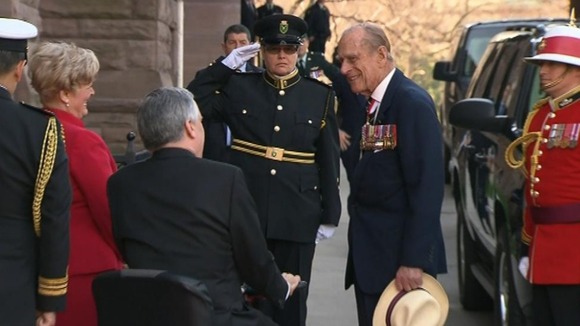 Is greeted on this start of his royal visit