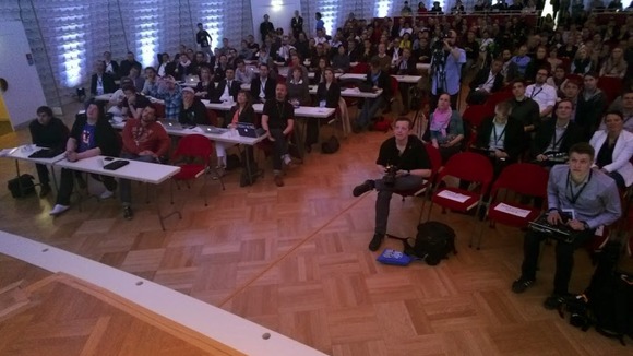 A photo taken at a conference with Google Glass
