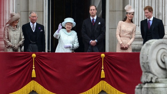 The British Royal Family on the balcony of Buckingham Palace for the Queen's Diamond Jubilee.