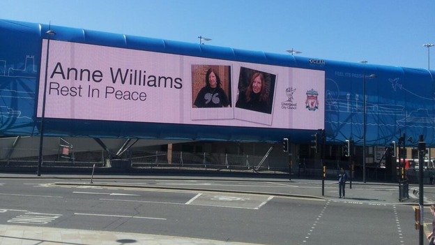 Billboard photo saying Anne Williams Rest in Peace