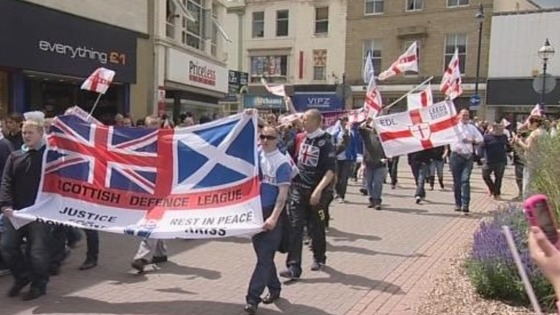 EDL supporters protest on the streets of Dewsbury.