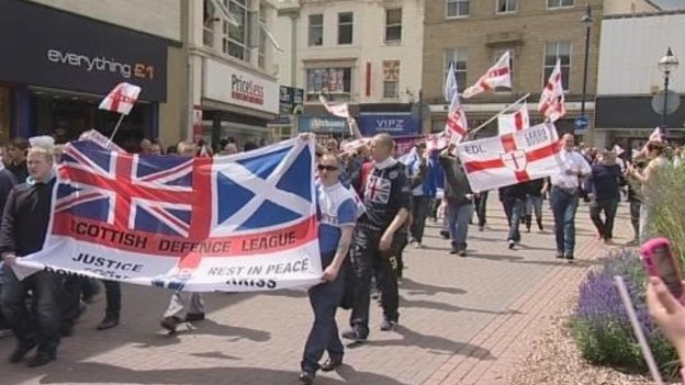 EDL supporters protest on the streets of Dewsbury.
