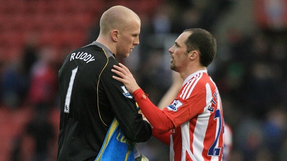 Stoke City's goal scorer Matthew Etherington and Norwich City's keeper John Ruddy shake hand at the end of the game