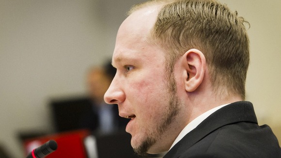 Anders Behring Breivik seen during the fourth day of proceedings in courtroom in Oslo