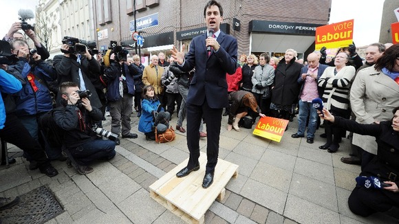 Labour Leader Ed Miliband takes to a pallet to talk to the residents of South Shields