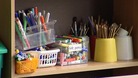 Stationery supplies in a classroom.