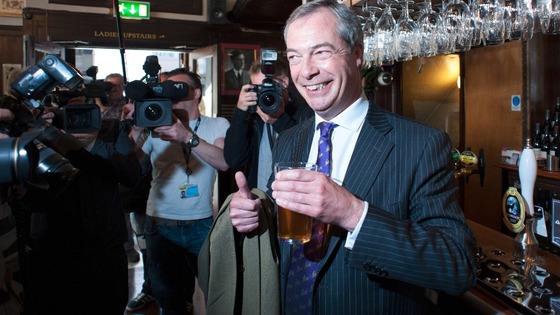 UKIP leader Nigel Farage celebrating successful night in the local council elections last night