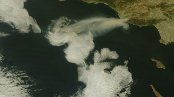 Smoke from the so-called Springs Fire raging on the California coast pictured from space.