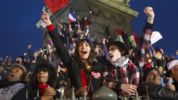 Supporters celebrate Hollande's election as the first socialist president for 18 years.