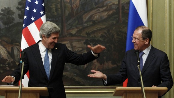 Russian Foreign Minister Sergei Lavrov and US Secretary of State John Kerry at their joint press conference in Moscow yesterday.