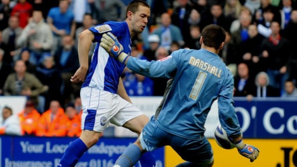 Leicester City's Matthew Fryatt misses his side's best chance of the game.
