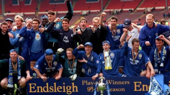 Leicester City celebrate promotion to the Premier League