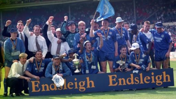 Leicester City celebrate reaching the Premier League after beating Derby County.