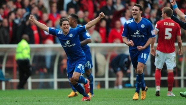 Leicester City's Anthony Knockaert (left) and Matty James (2nd right) celebrate as the final whistle blows against Nottingham Forest