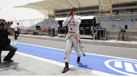Lewis Hamilton at today's practice session in Bahrain.