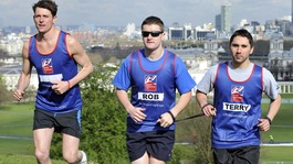 Lance Bombardier Rob Long (centre) with actor Lachlan Nieboer (left) and Rob's sighted guide Lance Cpl Terry Desmond (right)