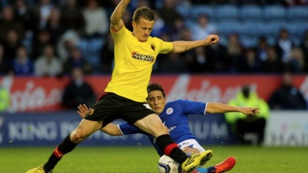Leicester City's Anthony Knockaert and Watford's Jonathan Hogg collide