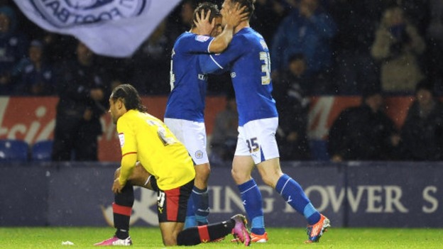 Leicester City's David Nugent (right) celebrates with his team-mate Anthony Knockaert (left) after scoring his team's opening goal