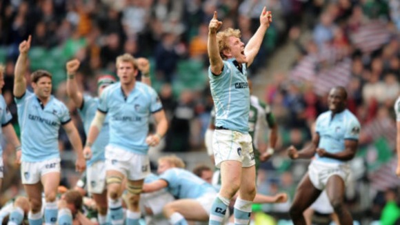 Leicester Tigers' Sam Vesty celebrates at the final whistle