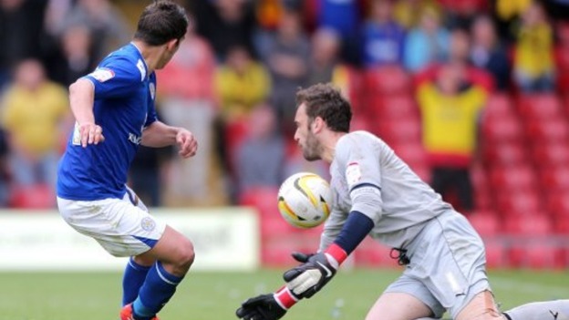 Watford goalkeeper Manuel Almunia saves a penalty rebound attempt from Leicester City's Anthony Knockaert